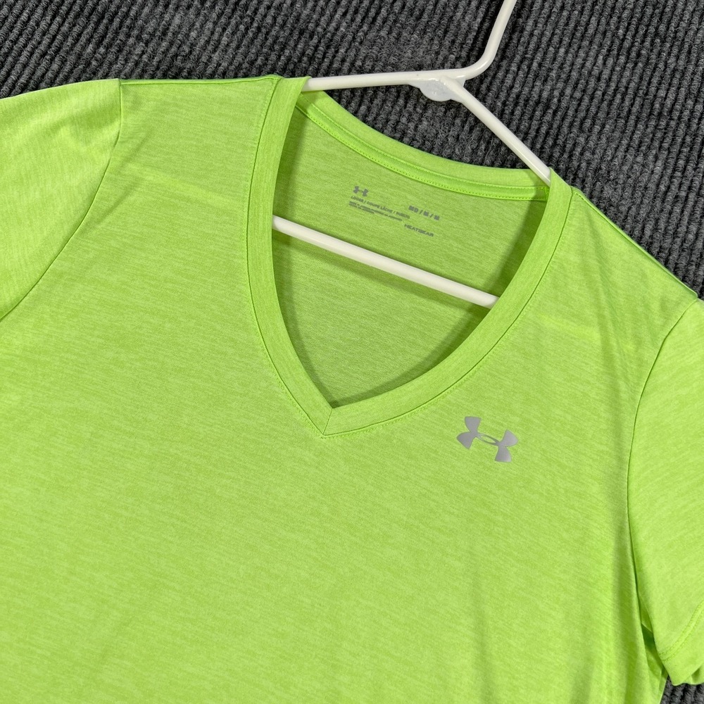Under Armour HeatGear Shirt Womens Medium Green V Neck Short Sleeve Training